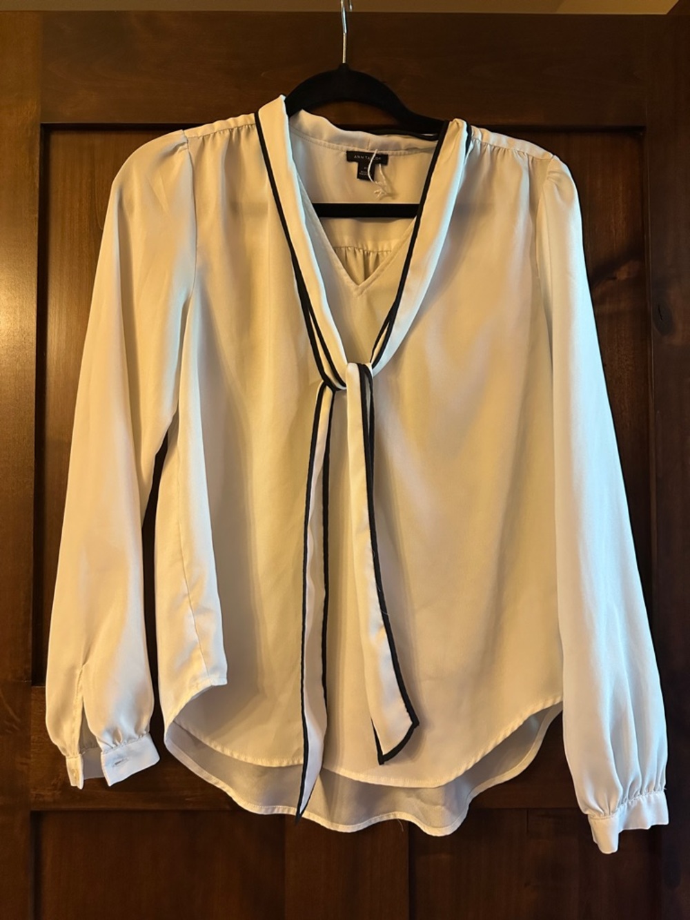 Ann Taylor Cream Tie-Neck Blouse with Black Trim